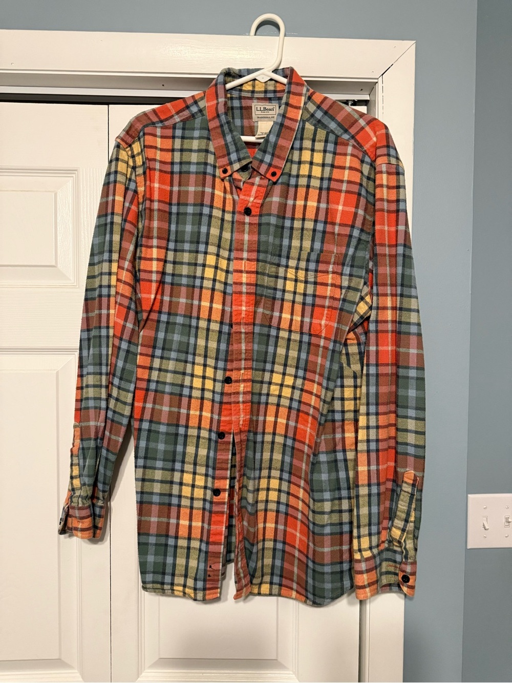 L.L. Bean Orange, Yellow & Green Plaid Button-Down Shirt